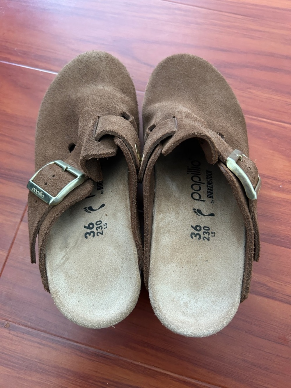 Papillio Brown Suede Clogs with Buckles